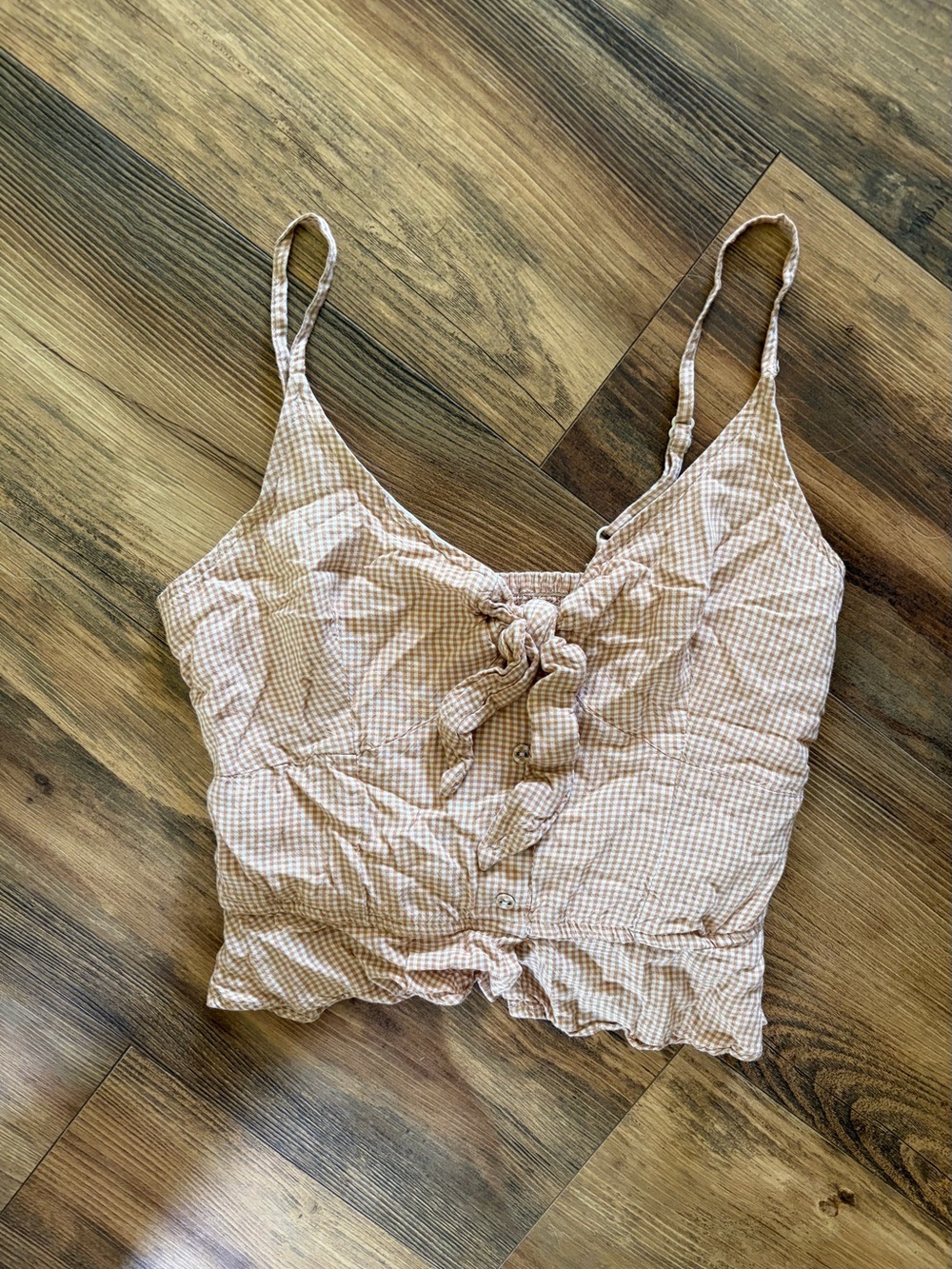 Japna Pink-Beige Gingham Tie-Front Cropped Tank